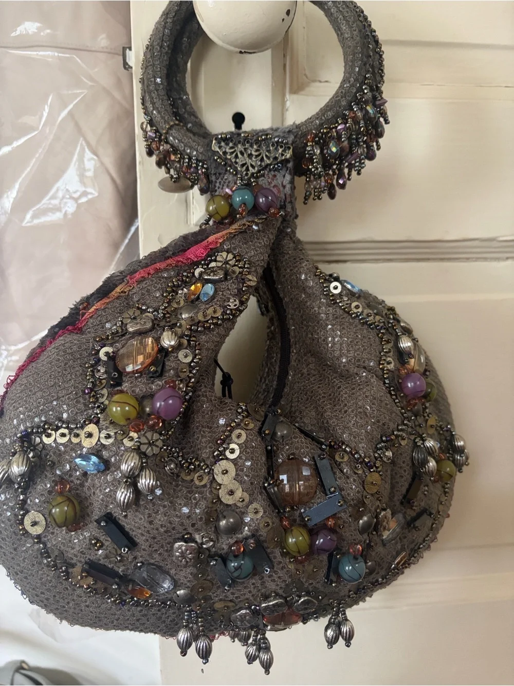 Mary Frances Gray Beaded Hobo Bag with Multicolor Gem Accents